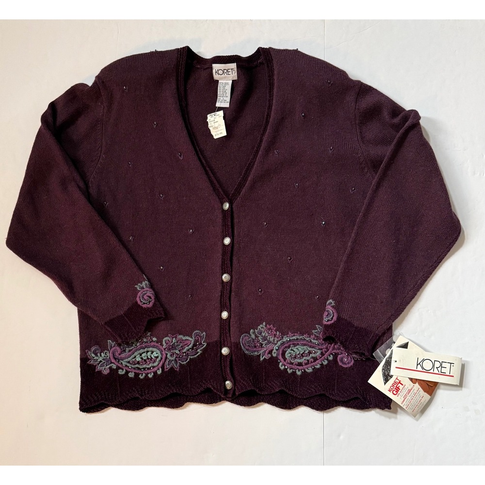 Koret Vintage Plum Purple Paisley Embroidered Beaded Cardigan Sweater Large NWT